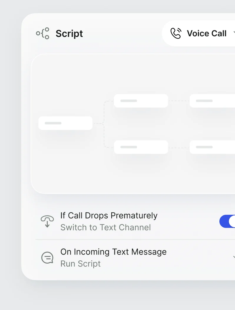 A Callers script builder, with a rule that switches a dropped call to the text channel