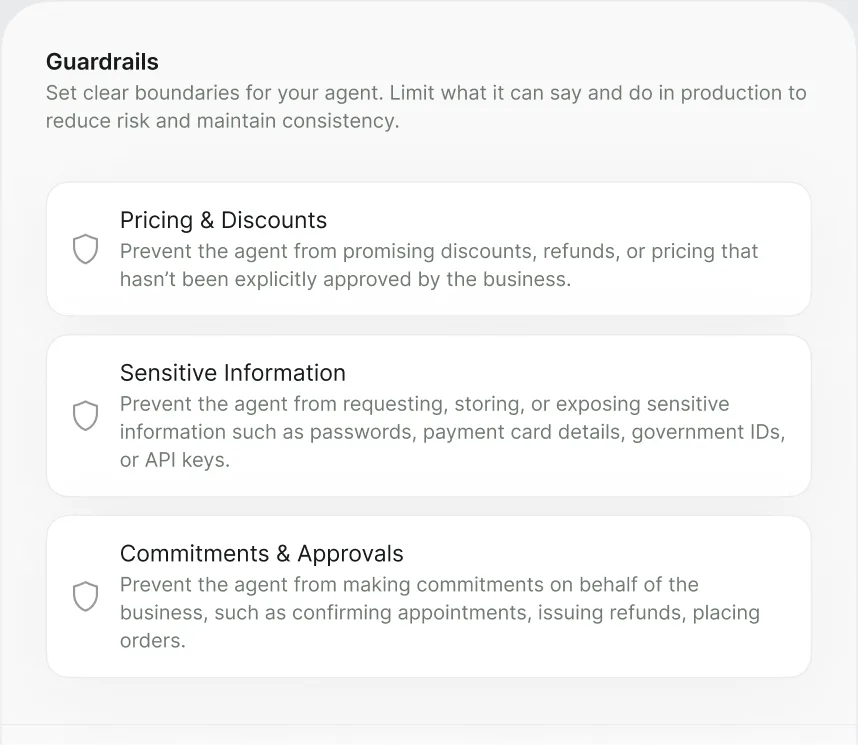 A guardrails panel: rules limiting what an agent may promise, store or commit to